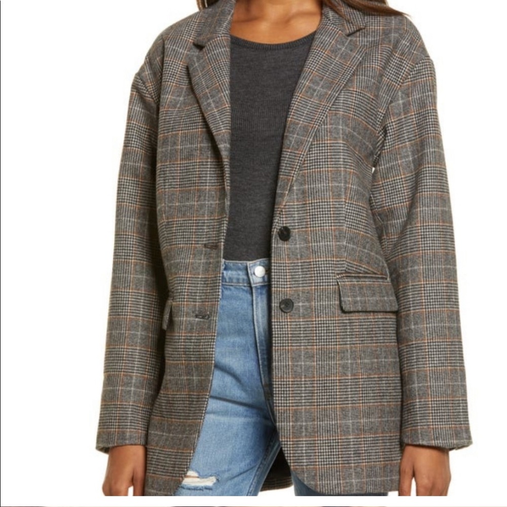 Reformation Plaid Blazer Jacket in Gray and Brown
